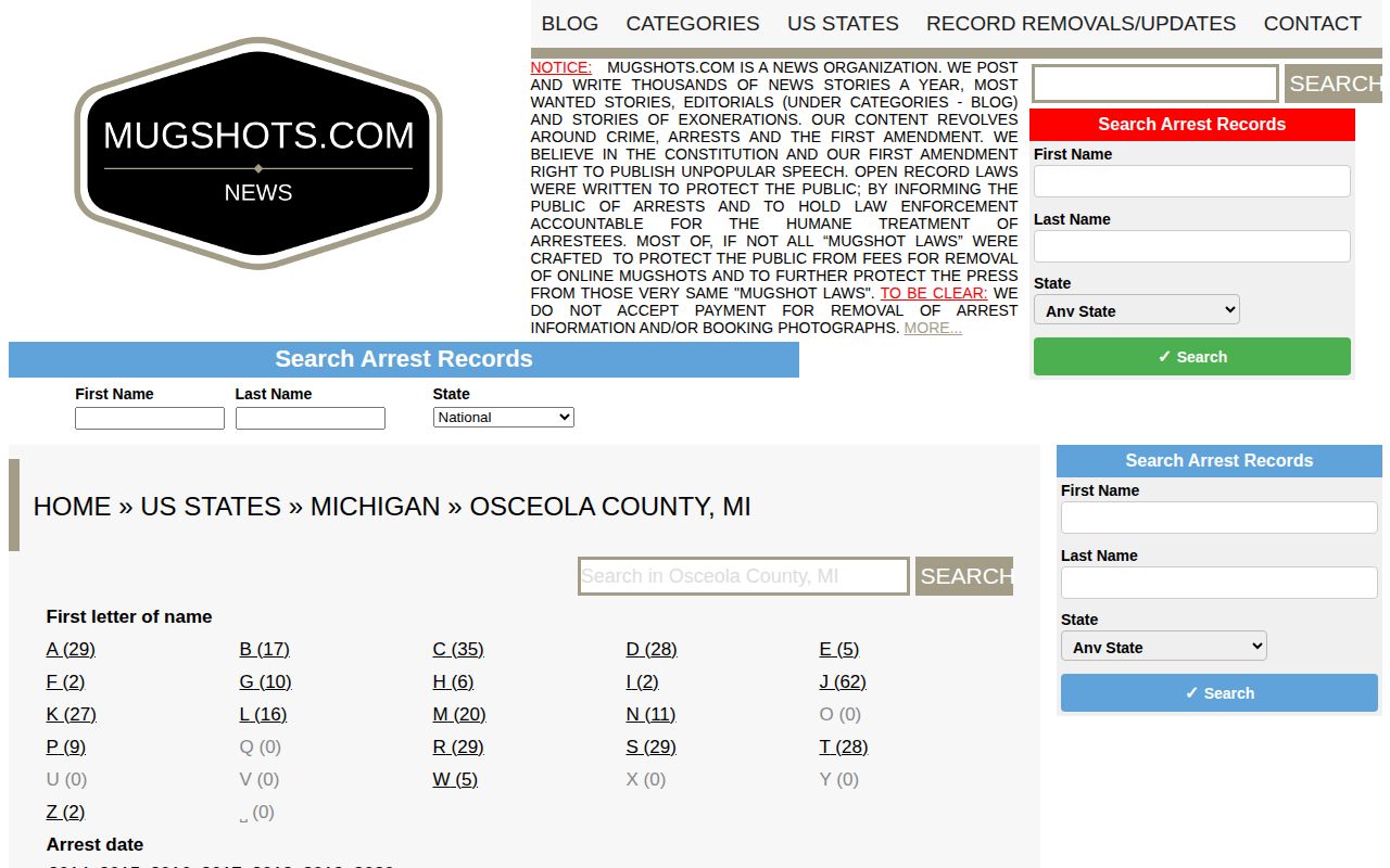 Osceola County historical mugshot record source with unofficial status